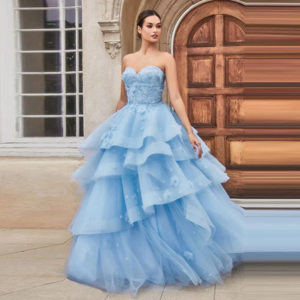 FORMALS Sweetheart Ruffled Tulle Ball Gown Appliques Floral Princess Dress Floor Length Lace Up Back Beaded Evening Gowns