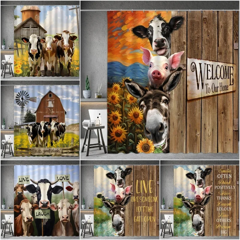 Farm Animal Shower Curtain, Oil Painting Farmhouse Barn Door Donkey Cow Pig Sunflower Spring Bathtub Partition Bathroom Decor