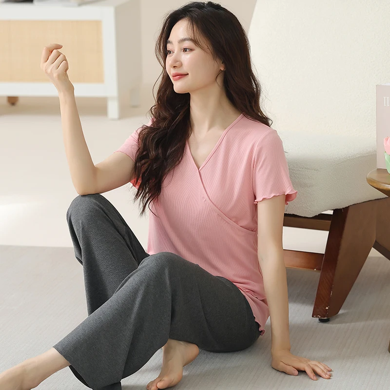 

With Breastfeeding Mouth And Adjustable Belt Pajamas For Pregnant Women Modal Postpartum Confinement Home Service Clothing