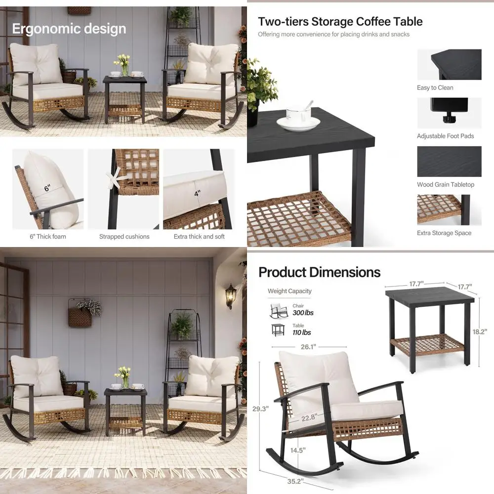 

Комплект для бистро из 3 предметов: уличная мебель для патио с толстыми подушками и 2-уровневым кофейным столиком, большой набор из ротанга или для сада