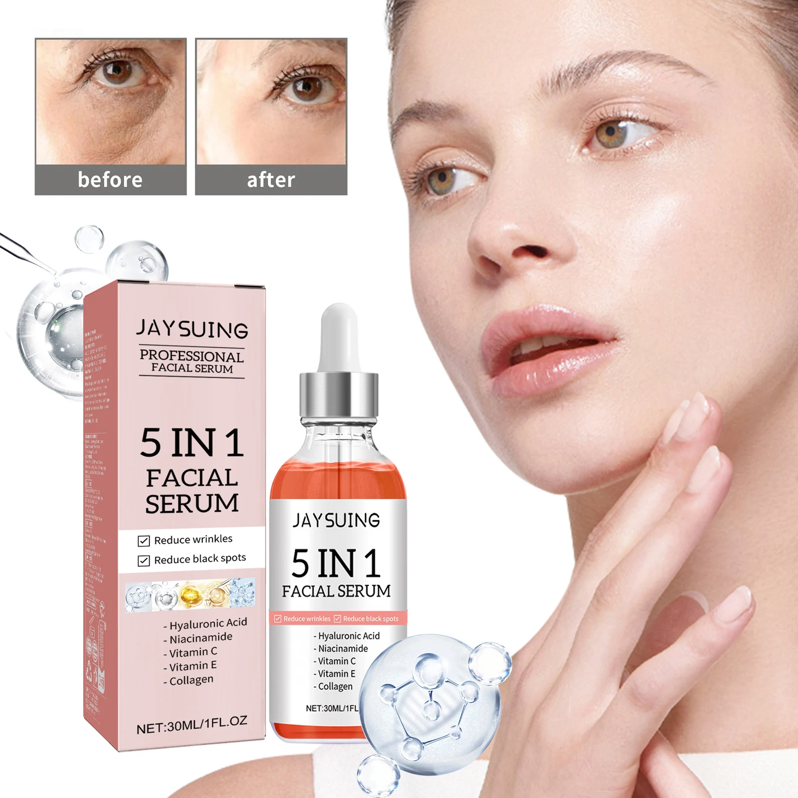 Suero facial 5 en 1 con vitamina C, hidratante, iluminador, antiarrugas, antienvejecimiento, niacinamida, ácido hialurónico, esencia facial para el cuidado de la piel