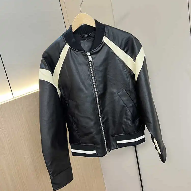 

Мужская осенняя куртка премиум-класса из ультра-кожи, ветрозащитная, с цветными вставками, в байкерском стиле, молодежная, повседневная, с длинными рукавами