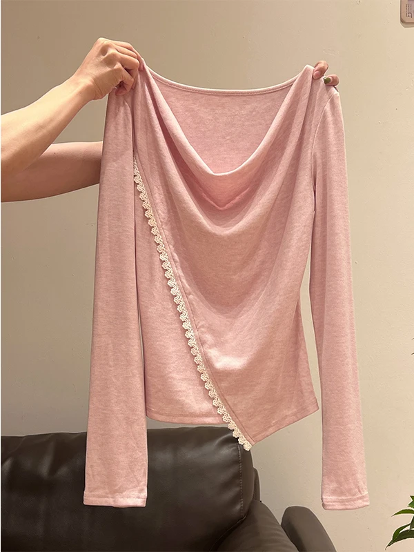 تي شيرت نسائي طويل الأكمام من Sweet Ele، قميص أساسي وردي جميل يُبرز الرشاقة، مناسب للعمل، نسخة كورية أنيقة وملائمة للجسم وقابلة للتنفس