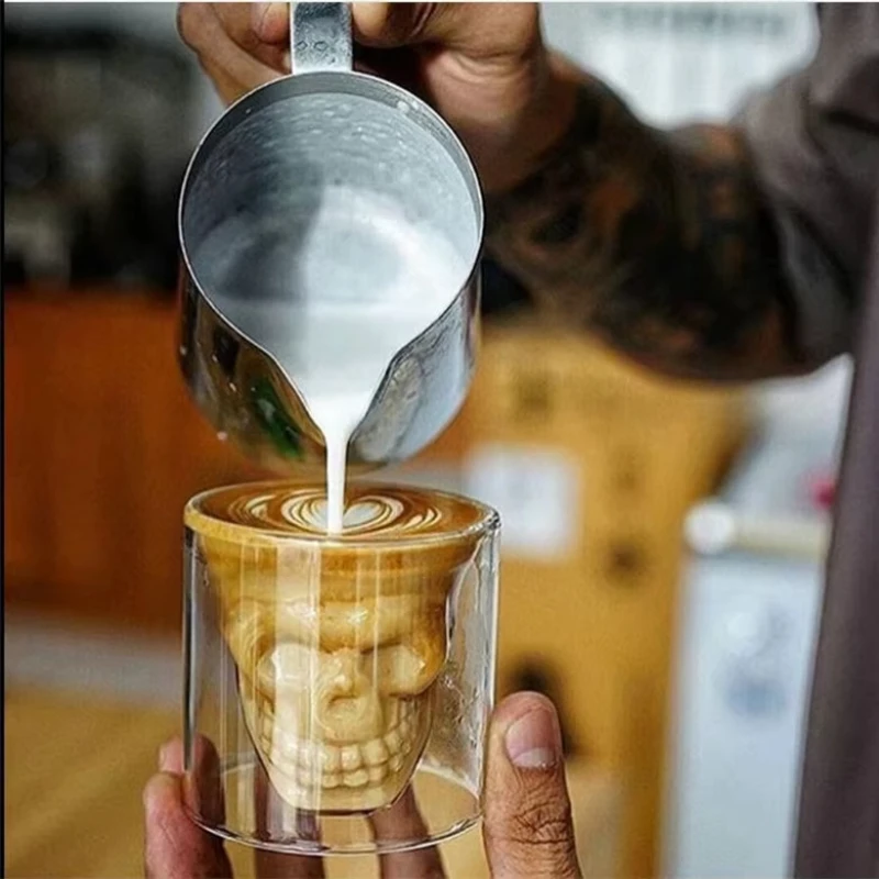 Double Wall Glass for Espresso Coffee Cup, Skull Skeleton Cup,Whisky, Bar Wine Glasses, Transparent Vodka Shot, Drinkware