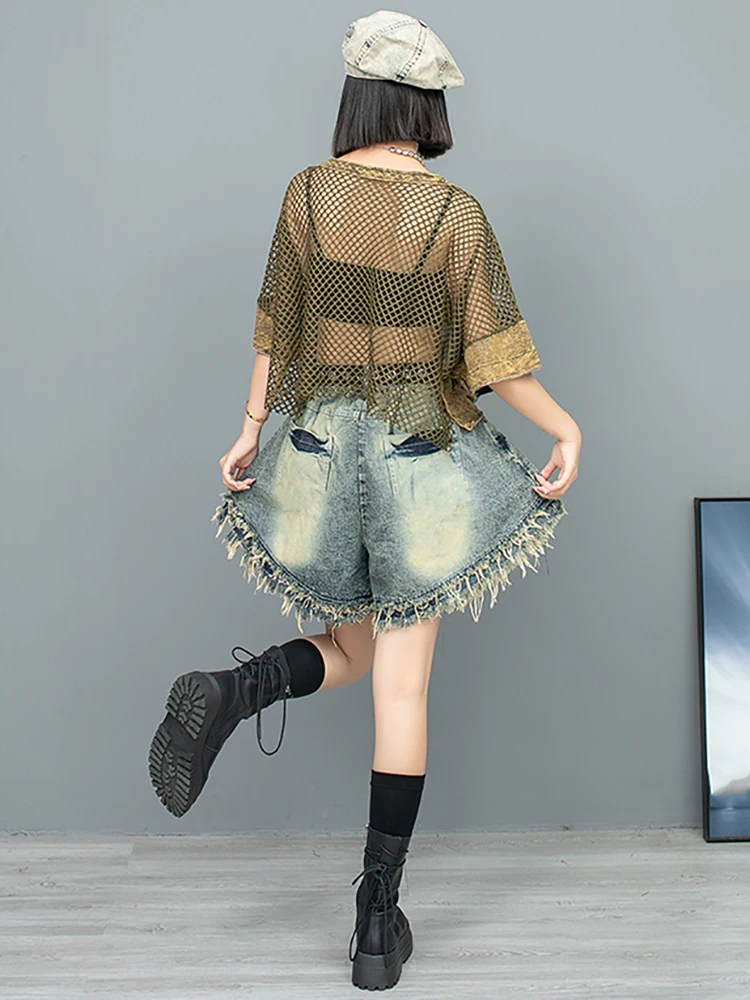 XITAO Hollow Mesh Patchwork T-shirt O-neck Short Sleeve Pullover Vintage Personality Summer Fashion Women New Top LYD1775