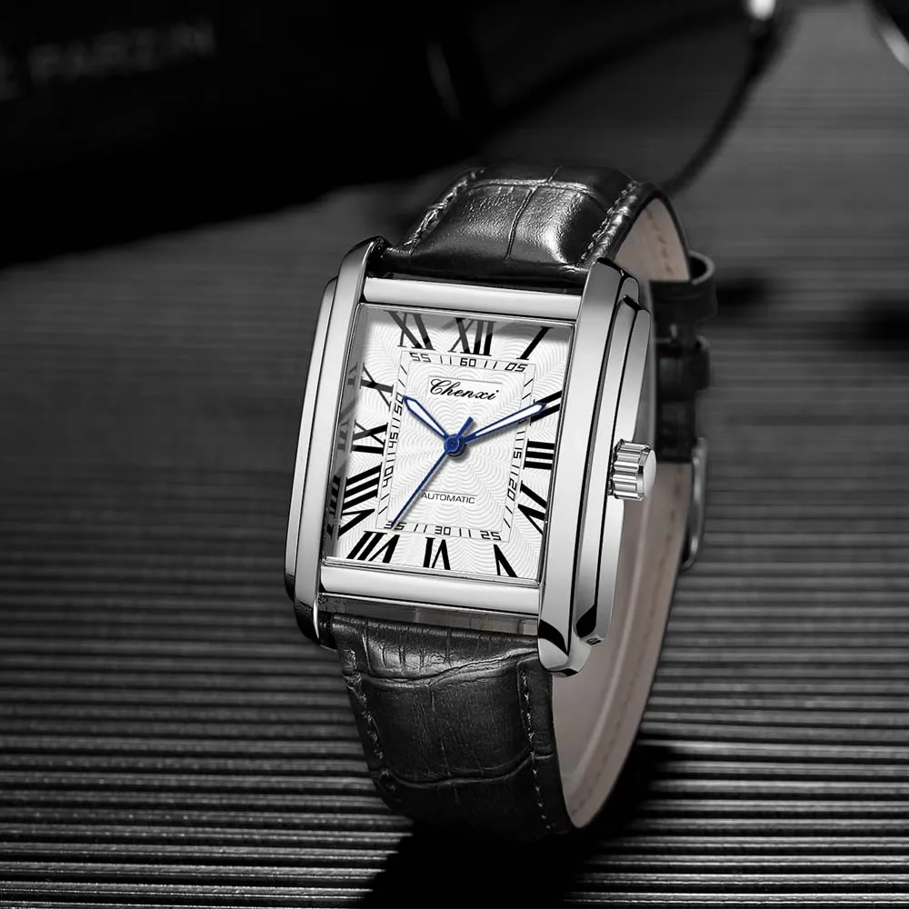 CHENXI Square Fully Automatic Watch Skeleton Mechanical Watch Men's Leather Water-Resistant Fully Automatic Mechanical Watch