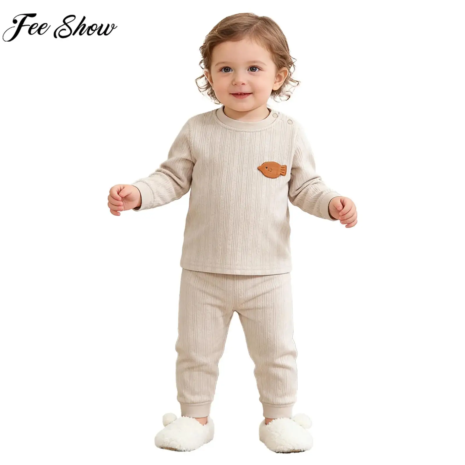 Infant Boys Girls Spring Fall Soft Thermal Underwear Pajamas Set Homewear Sleepwear Long Sleeve Cotton Top with High Waist Pants