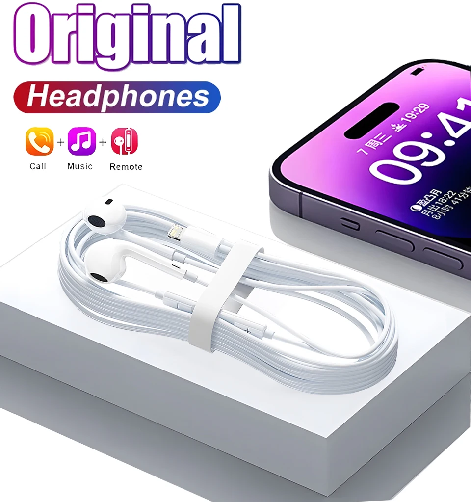 NEW Original Headphones For Apple iPhone 15 14 13 11 12 Pro Max Plus XS XR 7 8 In-ear Lightning 3.5 mm Wired Bluetooth Earphones