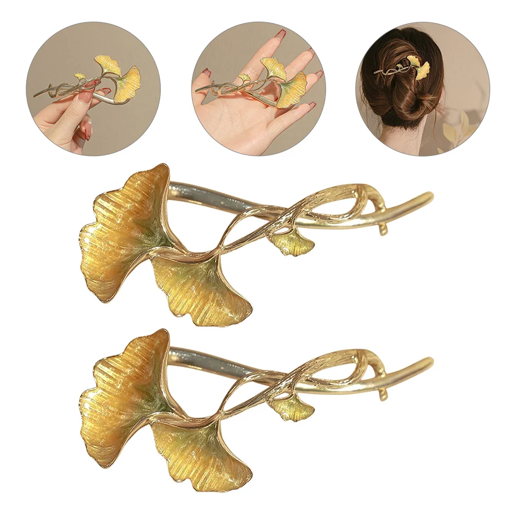 

2 Pcs Ginkgo Biloba Clip Leaf Hair Accessories Bun Women Barrettes Tools for Styling Gold