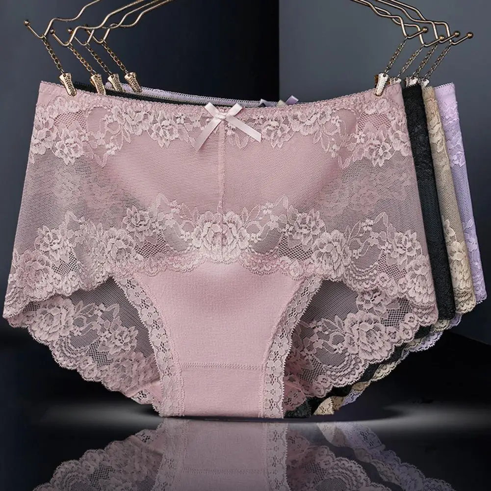 Women Underpants Hollow Out Soft Solid Color Mid Waist Elastic Briefs Flower Embroidery Lace Protective Breathable Women Panties