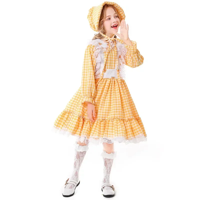 

Yellow Check Floral Colonial Girl Costume Prairie Pilgrim Farm Theme Vintage Dress for Girls