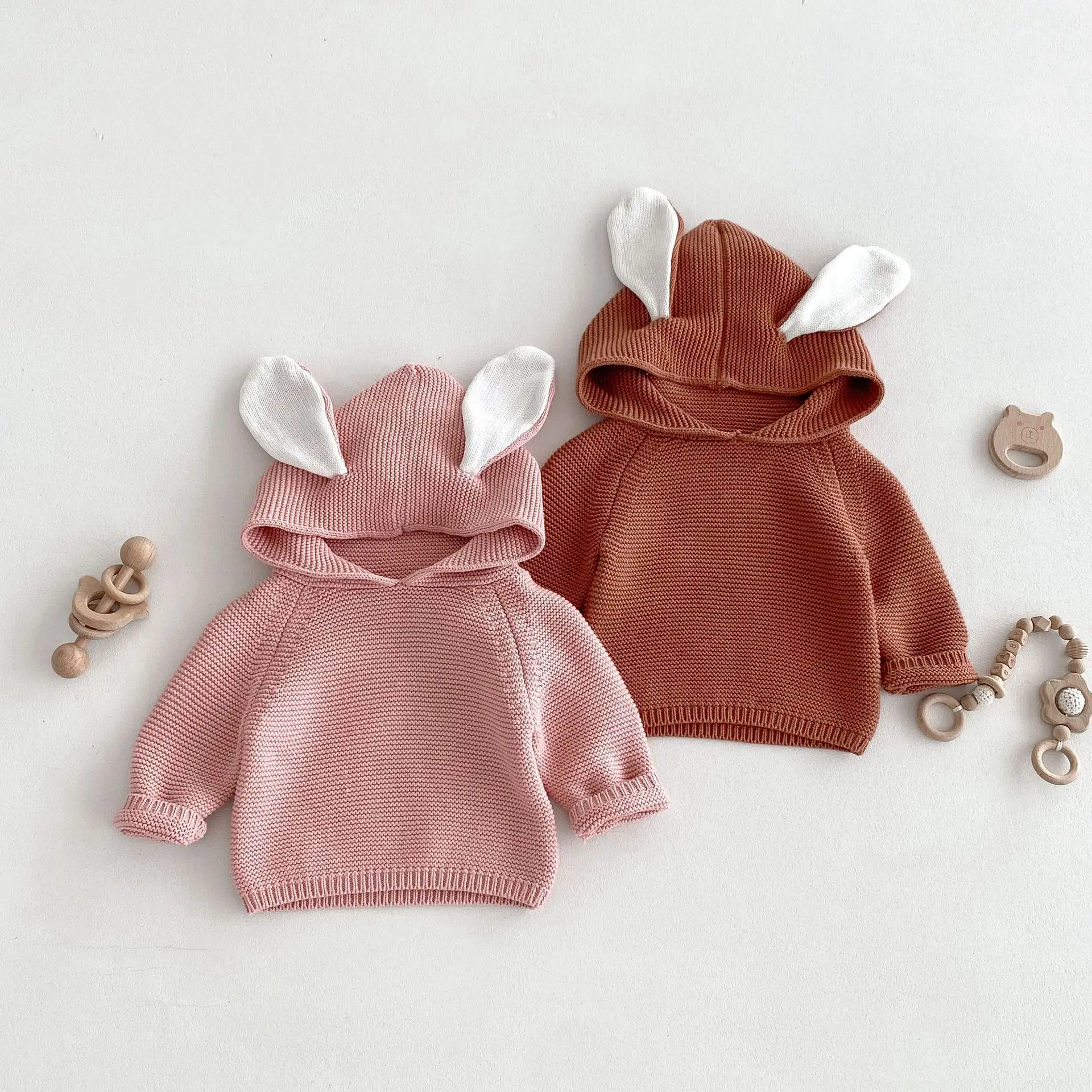 Infant Korean Autumn 2024 New Arrival Sweater Boys Girls Baby Rabbit Ear Hooded Knitted Top