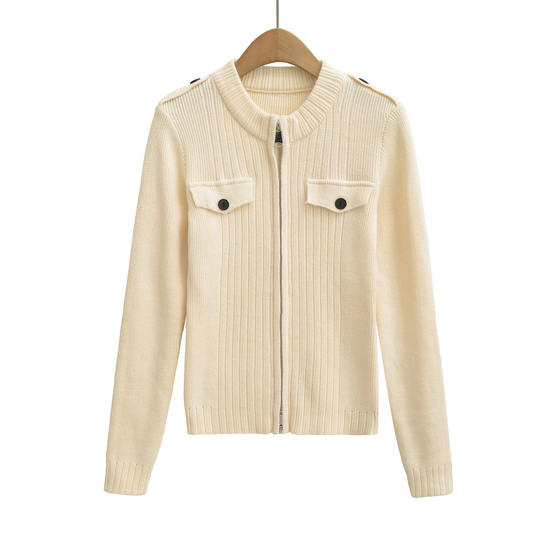 Autumn New Style Elegant Double Zipper Slim Sweater Cardigan For Women Vertical Ribbed Stand Collar Knitted Cardigan Ladies EYQJ