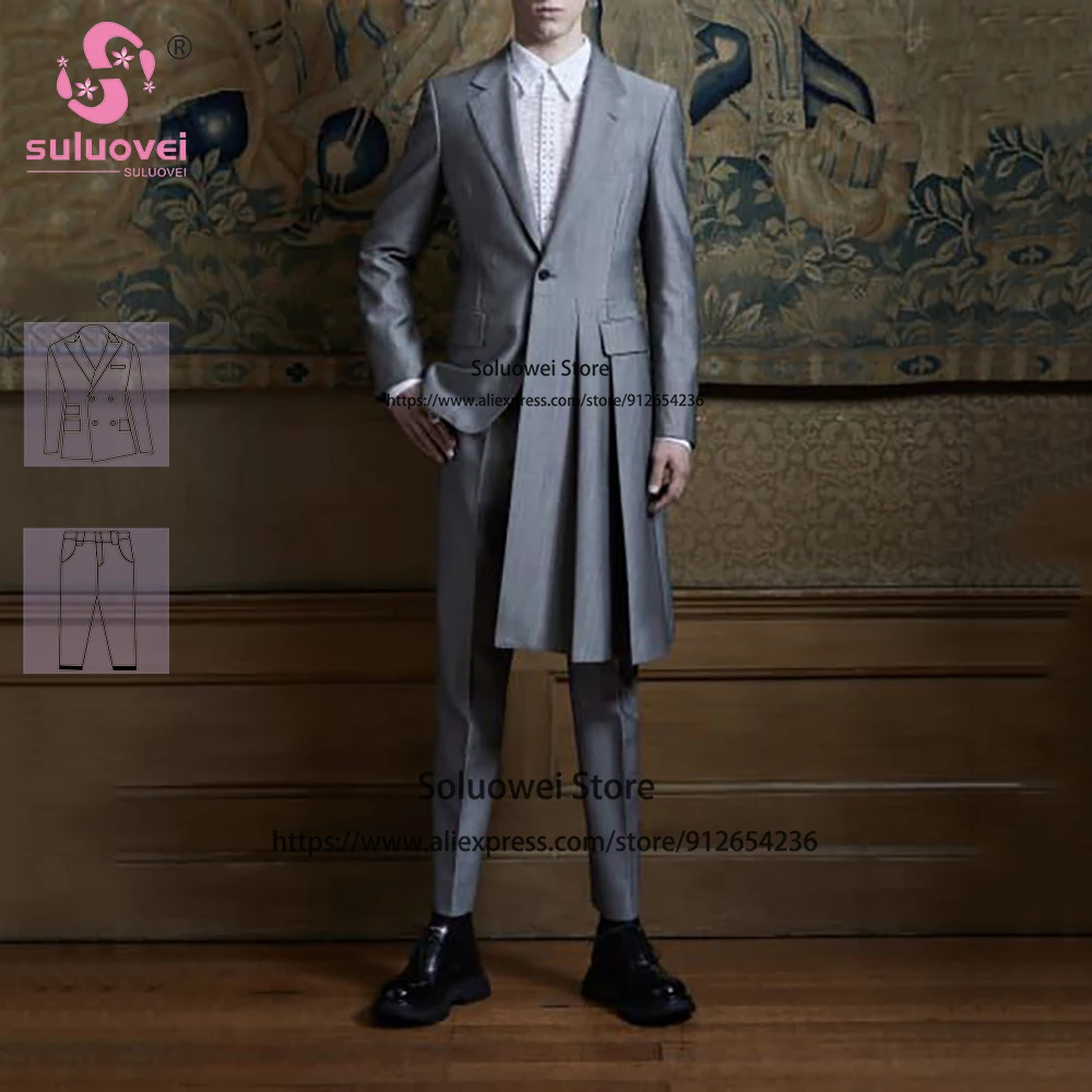 

Eleagnt Pleated Design Long Suits For Men Slim Fit 2 Piece Jacket Pants Set Formal Groom Wedding Tuxedo Traje De Hombre Elegante