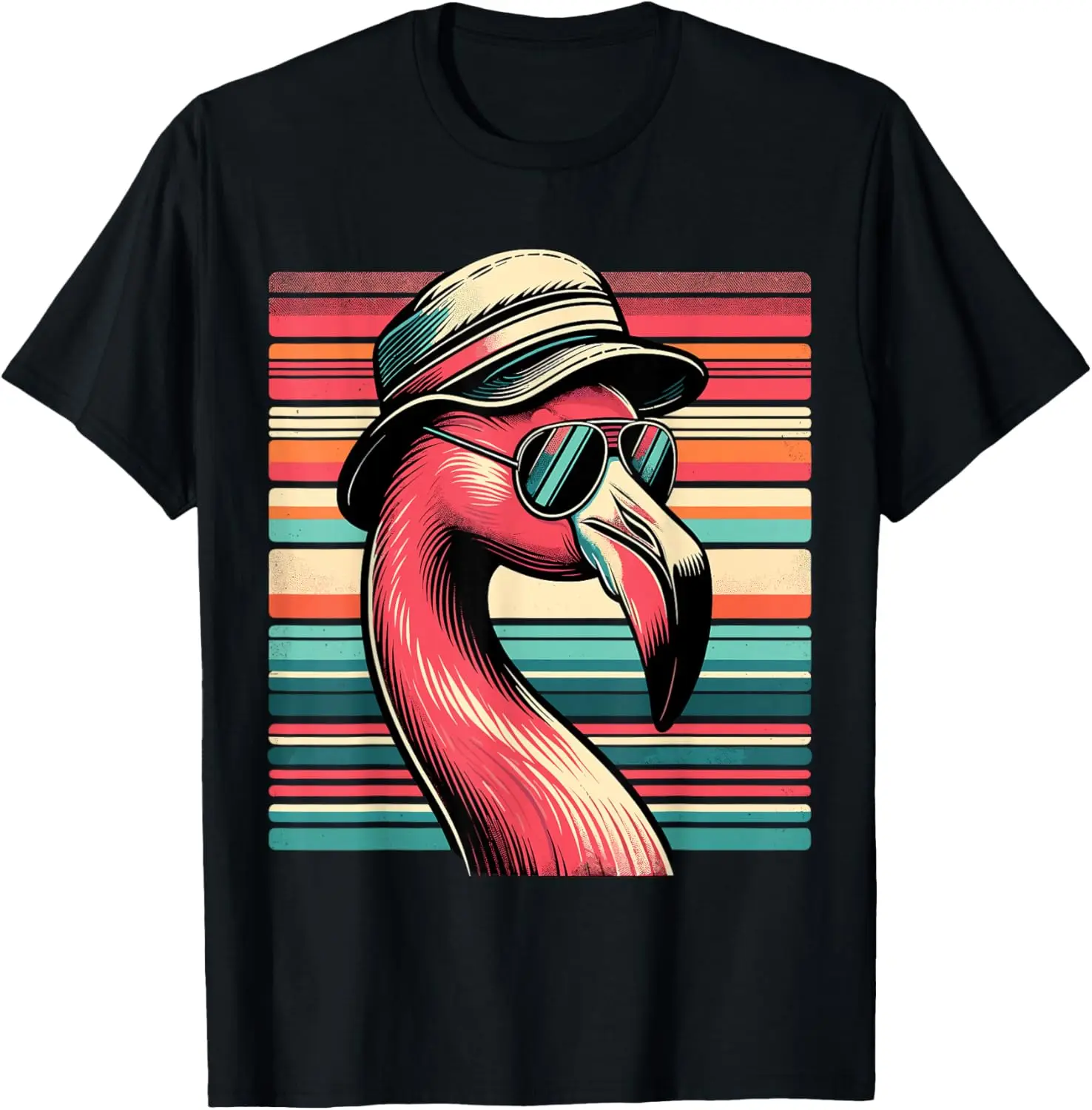Cool Flamingo in Sunglasses Graphic Tee Retro Stripe Pattern Cotton T-Shirt Summer Casual Streetwear