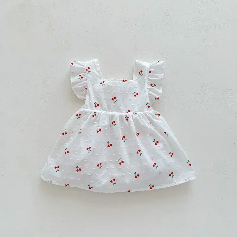 Cute Baby Girl Dress  0-2Years Newborn Princess Fly Sleeve Cherry Print Cotton Skirted Bodysuit One-Pieces Summer Clothes