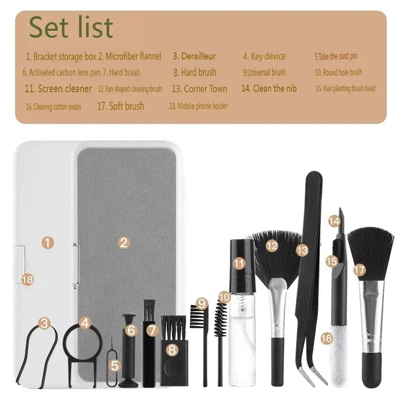 18 in 1 ชุดทําความสะอาดคีย์บอร์ดคอมพิวเตอร์โทรศัพท์แท็บเล็ตกล้องเครื่องมือทําความสะอาดหน้าจอหูฟังแปรงทําความสะอาด Keycap PULLER ผู้ถือโทรศัพท์