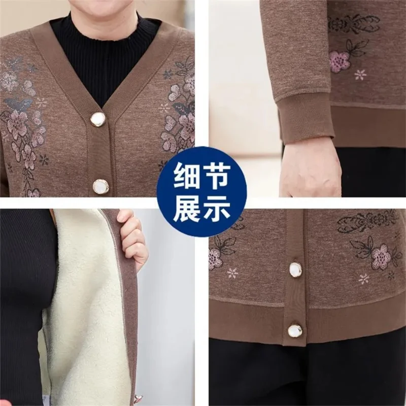 Add Fleece Thick Warm Women\'s Jacket Tops Middle-Aged Elderly Mother Autumn Winter Coat Single-Breasted Cardigan Outerwear 2022