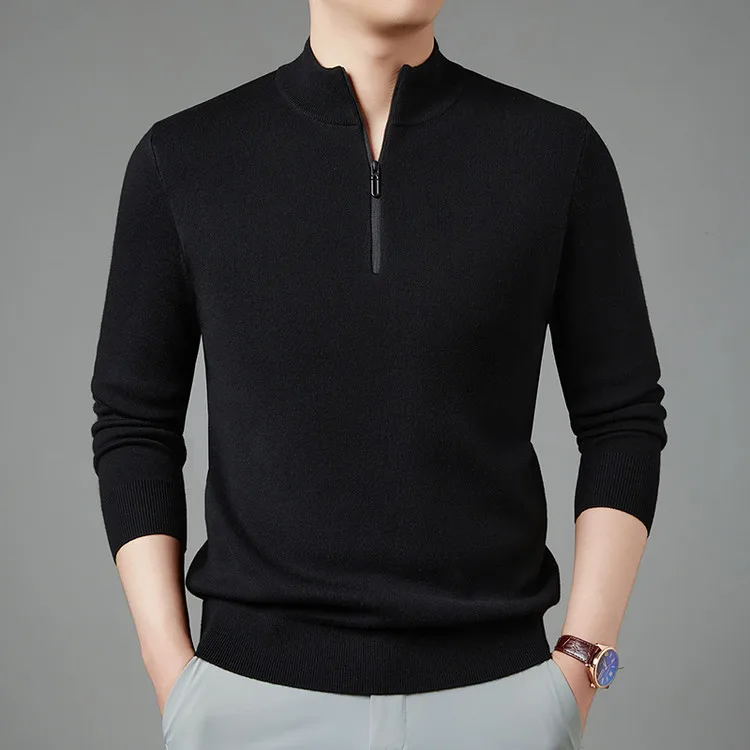 

Slim Fit Men's Knitted Sweater f Zip High Collar Thin Wool Blend Casual Faion Ci Sle Long Sve Basic Color Blo