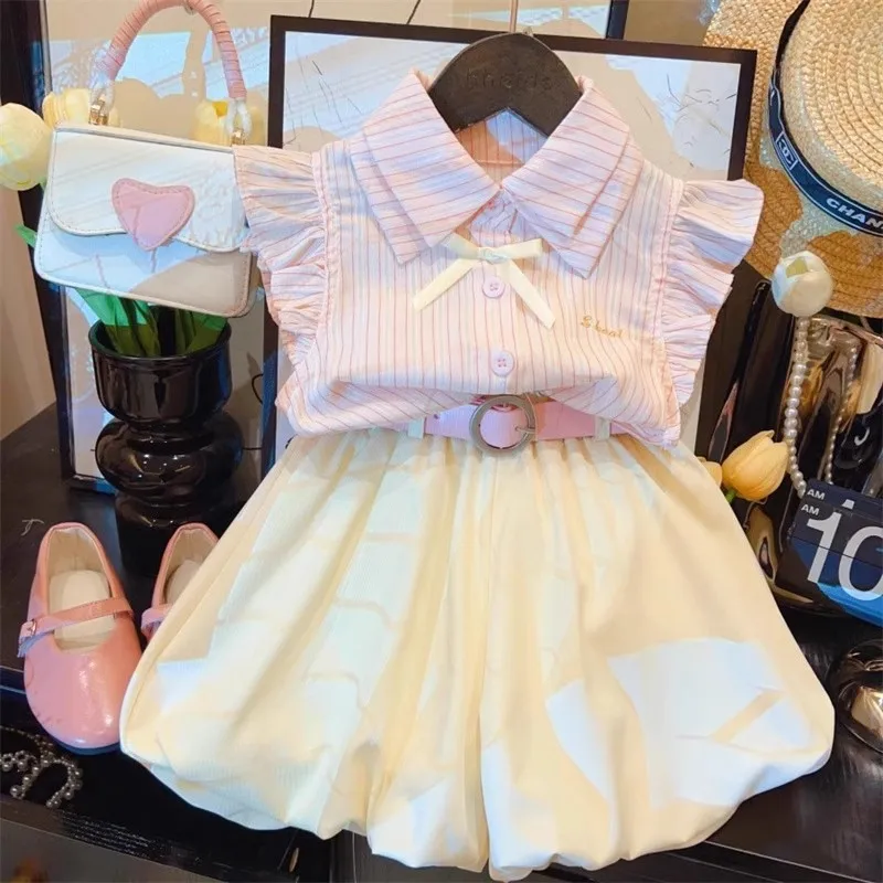 

TOY-2025New Style Girls' Summer Striped Shirt Short Sleeve Set Fashionable Baby Girl Floral Shorts Two-Piece Set