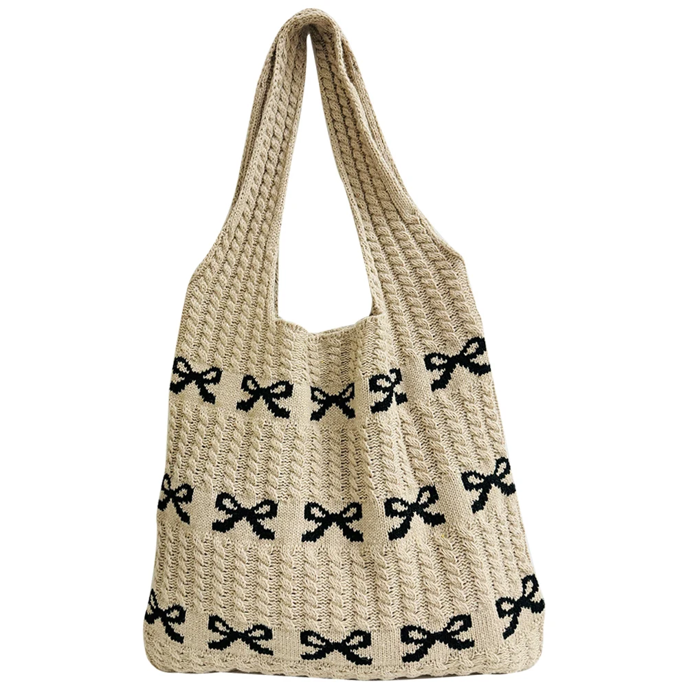 

Women Soft Knitted Bag Large Capacity Bow Pattern Crochet Shoulder Bag Multifunctional Daily Shoulder Bag for Shopping Traveling