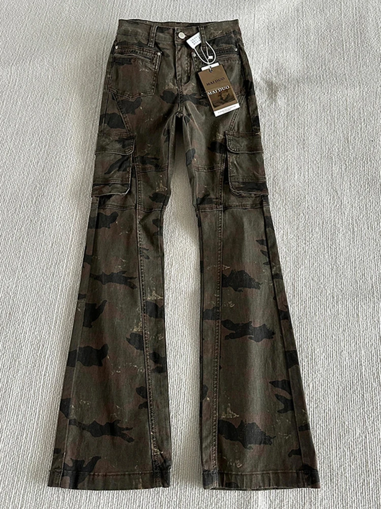 

American High Waist Workwear Camouflage Pants Men Spring Autumn Vintage Big Pocket Slim Straight Leg Knife Flared Pants