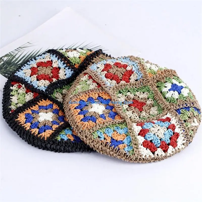 

573B Vintage Floral Painter Hat Granny-square Painter Cap Elegant British Cabbie Hat with Granny-square for Women