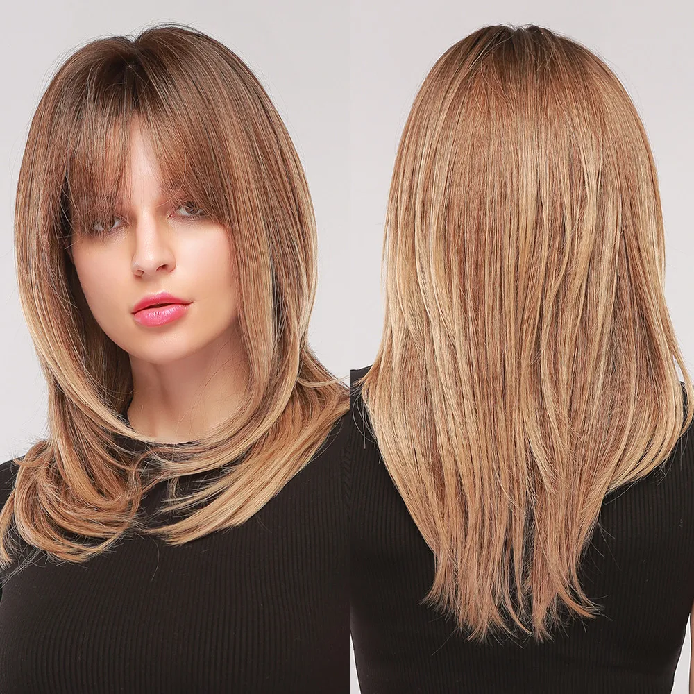 Коричневый синтетический парик Средней длины Прямые волосы с восьмифигурной челкой Натуральные имитационные волосы Легкий дышащий полный чехол на голову