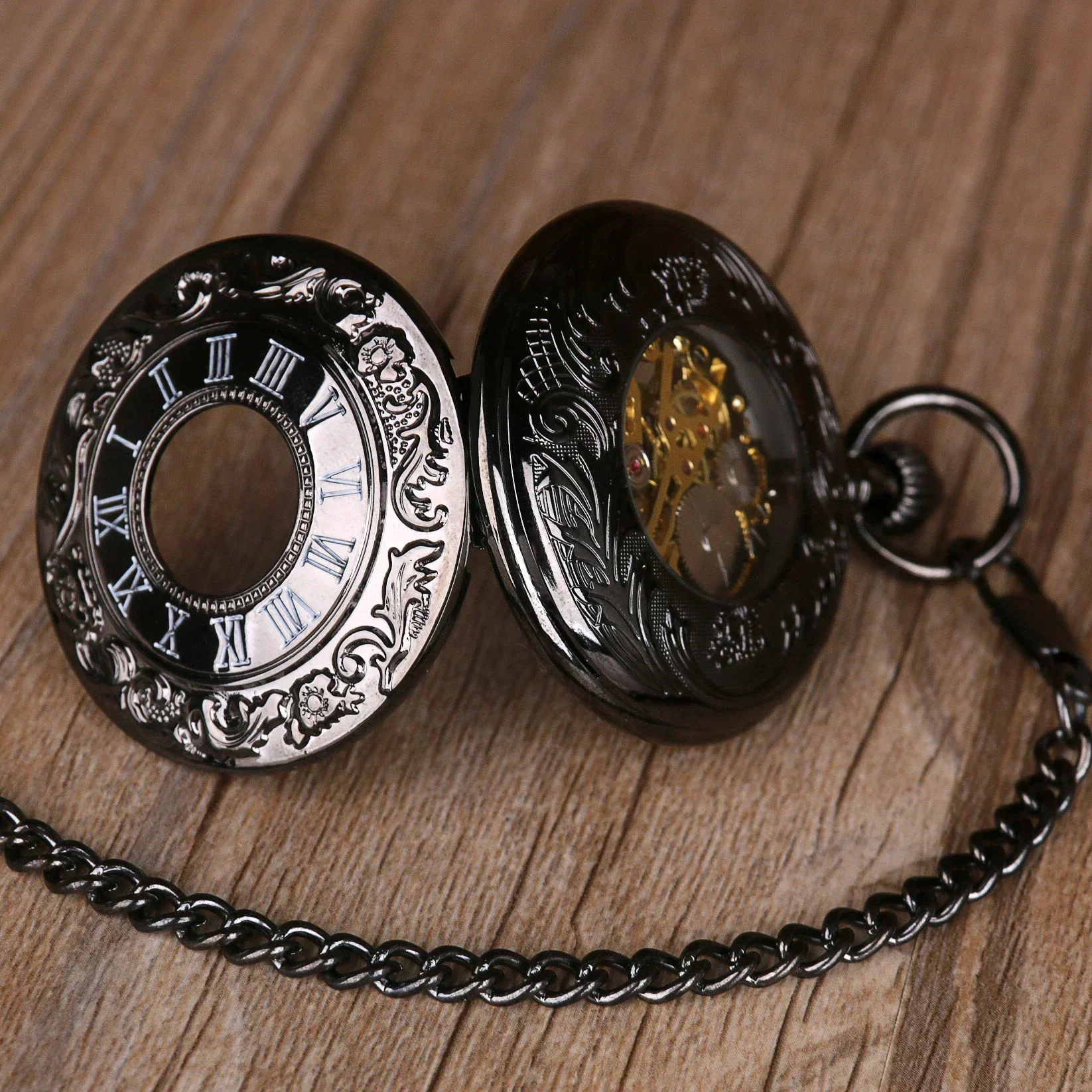 Zwarte Romeinse Cijfers Mechanisch Zakhorloge Mannen Vrouwen Zwart Holle Kast Steampunk Vintage Hanger Ketting Geschenken Voor Mannen Vrouwen