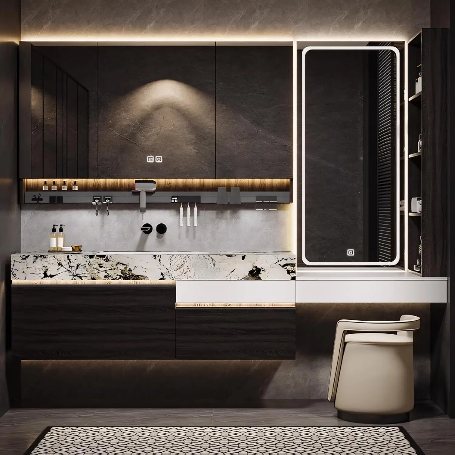 Floating Modern Bathroom Vanity Set Includes & LED Smart Defog Mirror Cabinet & Multi-Function Shelf and Makeup Dressing Table,