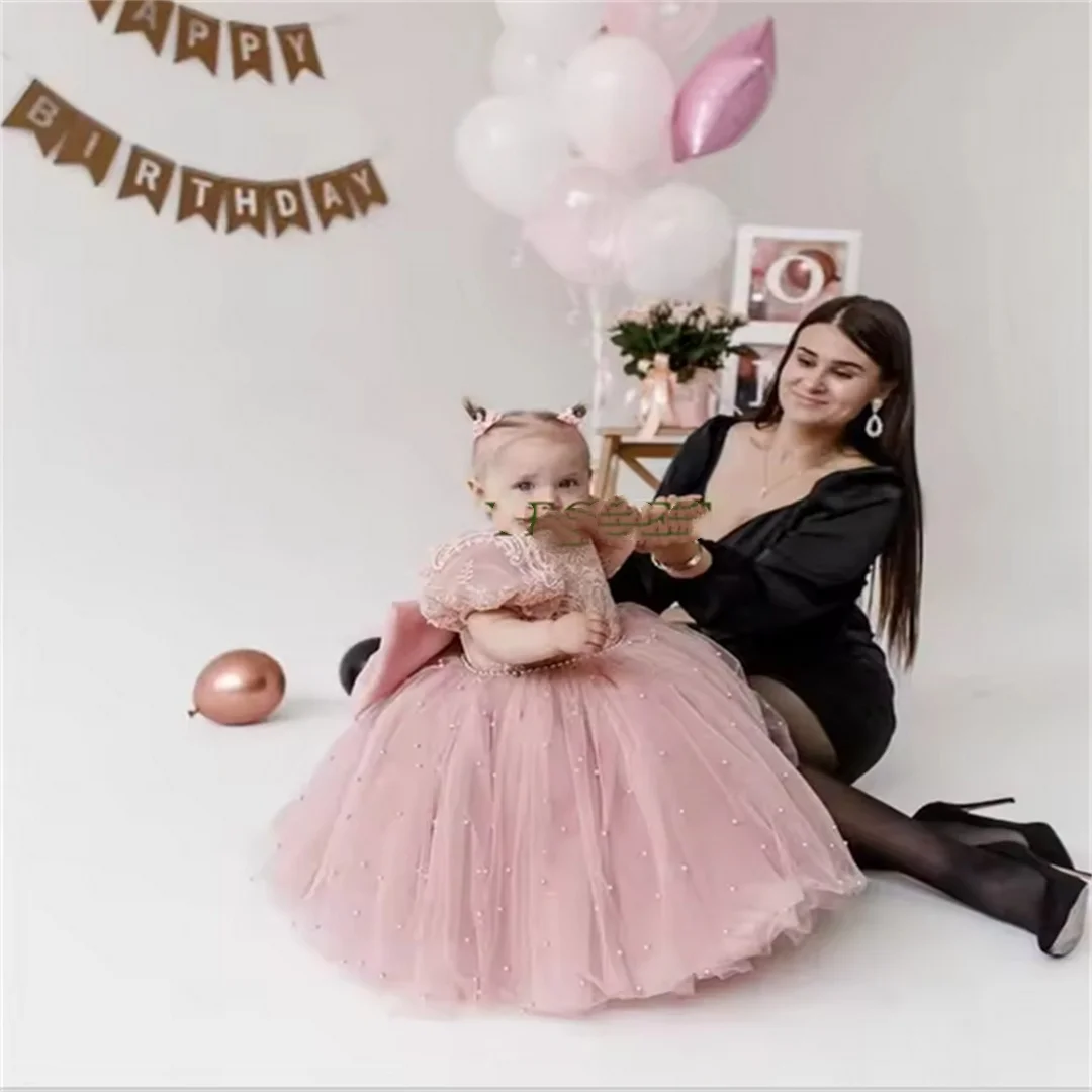 Customized Infant Girls Princess Dress Super Bow Flower Girl Dresses for Weddings Toddlers Puff Sleeve Beaded Tulle Communion