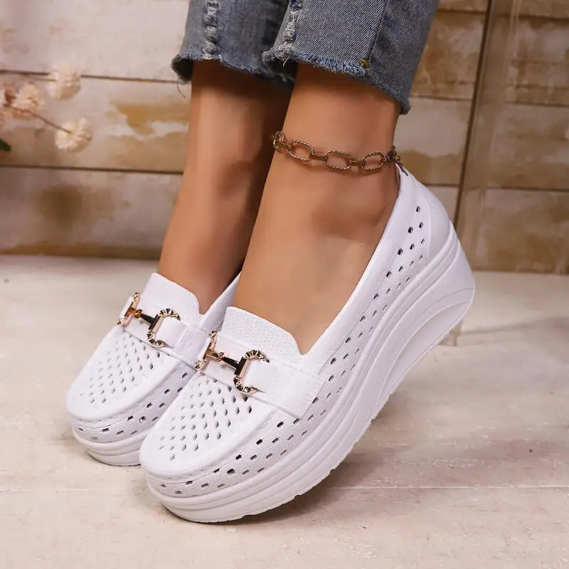 Soft Thick Bottom Height Increase White Loafers Women 2026 Summer Hollow Out Wedge Heel Pumps Women's Comfortable Nursing Shoes