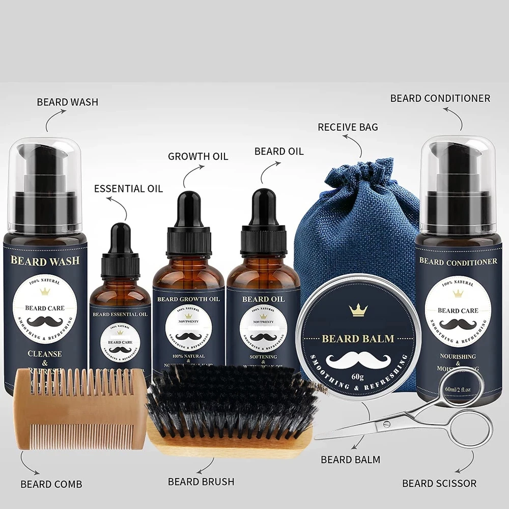 12pcs Beard Care Set Beard Serum Oil Balm Beard Comb Bristle Brush Scissors Beard Oil Beard Growth Set Men Beard Care Kit