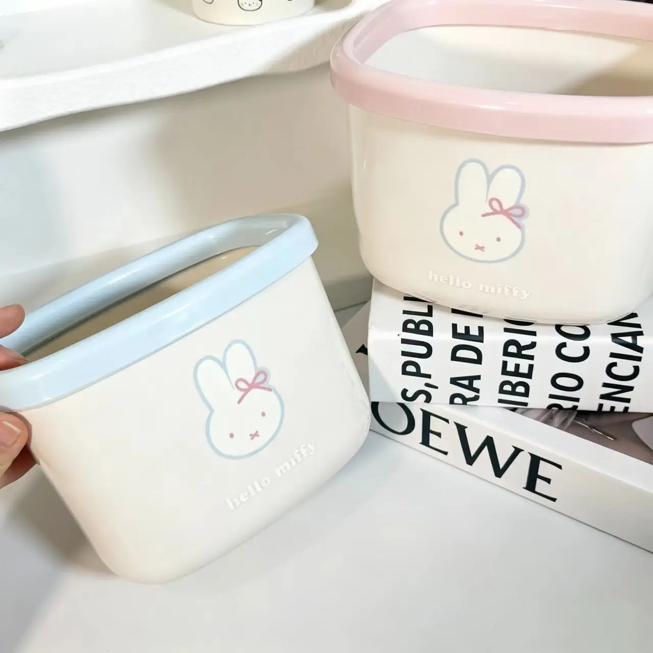 Kawaii Miffy Mini Desktop Trash Can No‑lid Storage Bin for Dorm Home Office Stationery Sundries Student Daily Accessory Cartoon