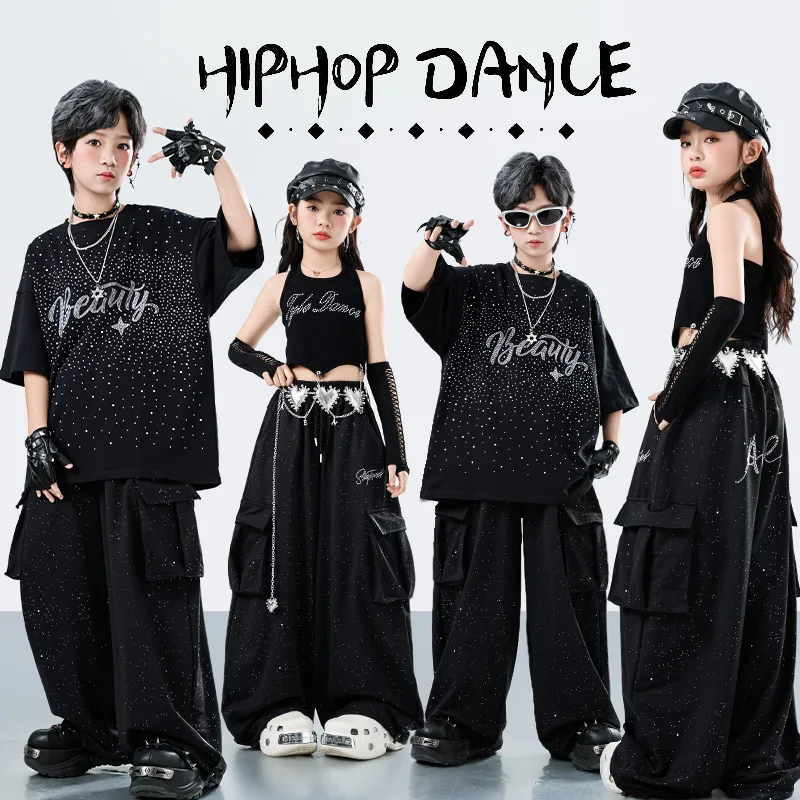 Children Boys Gilrs Hip Hop Jazz Streetwear Rhinestone T-shirt Pant Sets Costume Kids Tracksuits Stage Show Performance Clothes