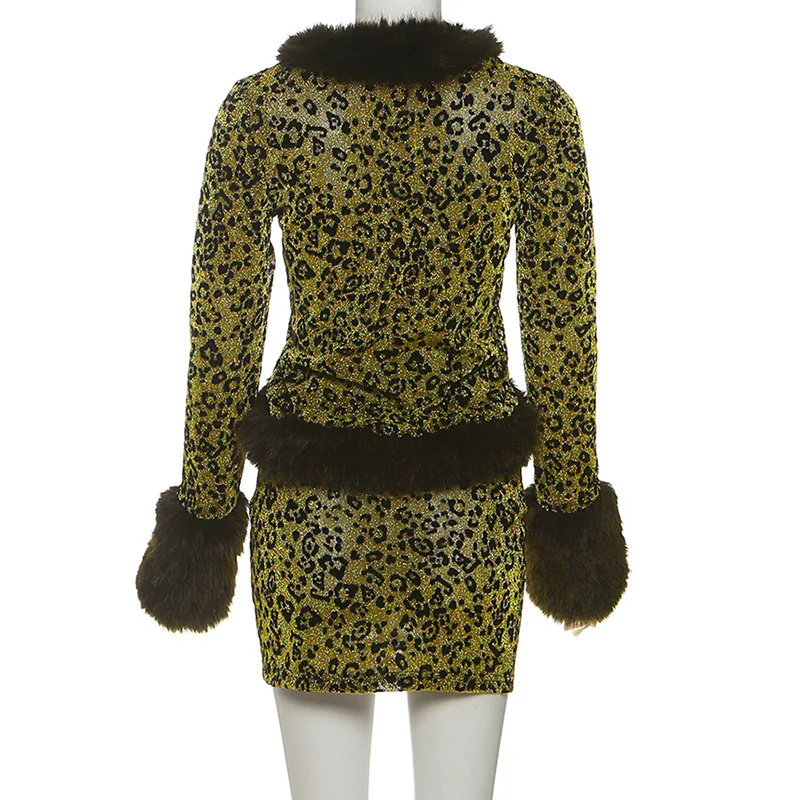 스타일리시 레이디 프린트 패치워크 퍼 투피스 세트 여성 긴팔 크롭탑 미니스커트 슈트 2025 가을 클럽 파티 의상