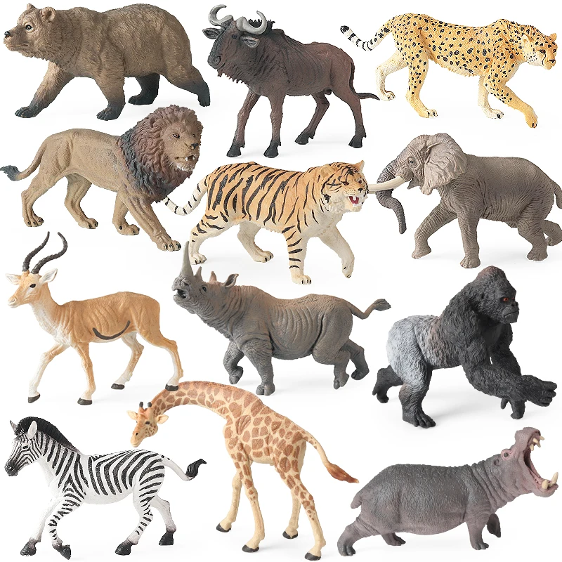 Oenux animales salvajes africanos cebra León Tigre jirafa antílope chimpancé modelo figura de acción figuras TPR educación chico juguete para regalo