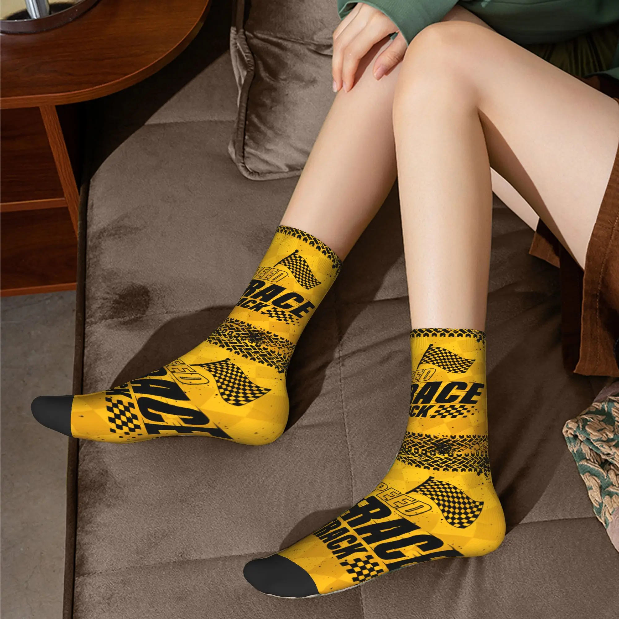 Calcetines de vestir a cuadros personalizados Racing Speed Rally Race para hombre y mujer, calcetines cálidos y divertidos novedosos para Moto Crew