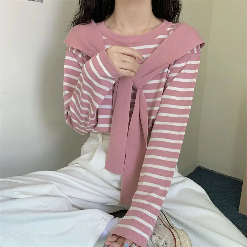 Korean Version Women\'s 2024 New Spliced O-Neck Knitted Thin Fake Two-piece Shawl Striped Fashion Loose Casual Long Sleeved Tops