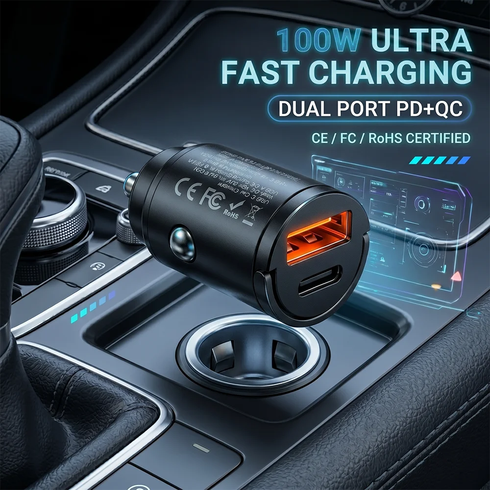 Cargador de Coche USB C Discreto de Doble Puerto PD QC 3.0, Adaptador de Carga Rápida Metálico Empotrable para iPhone 17 16 Pro Max