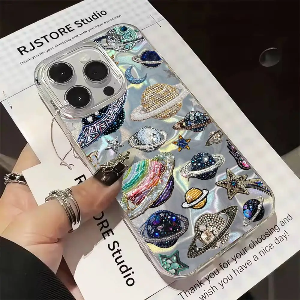 

Spaceship Stars Pattern Phone Case For iphone 16 15 14 13 12 11 Pro Max E Plus Silver Laser Satin Aurora Gradient