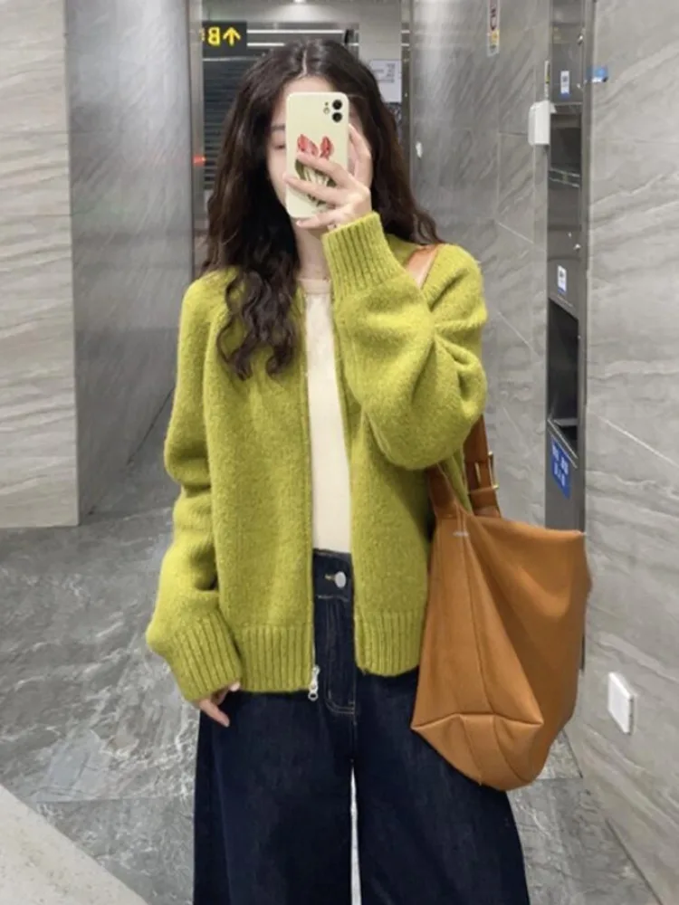 

een Knitted Sweater Coat Women's Autumn Winter Lazy Sle Loose Fit Long Sve round Ne Zipper Closure Casual Top