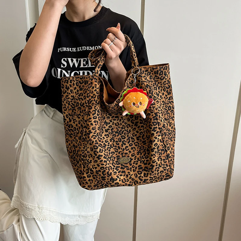 Leopard Print Women's Canvas Bag Wild Casual Large-Capacity Double-Sided Single-Shoulder Bag Eco-Friendly Commuting Shopping Bag