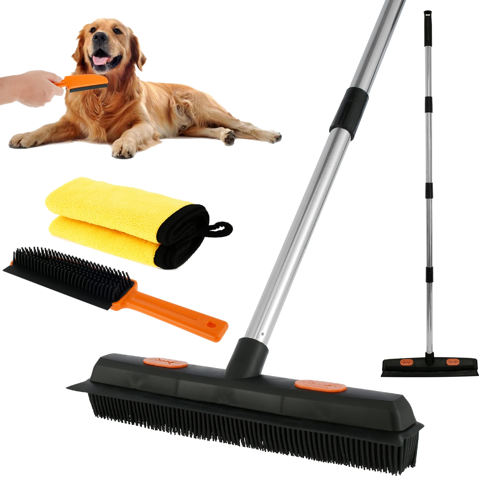 

3Pcs Rubber Broom with Squeegee Washable Carpet Rake Broom with Adjustable Handle Reusable Fur Remover Broom Portable Detailing