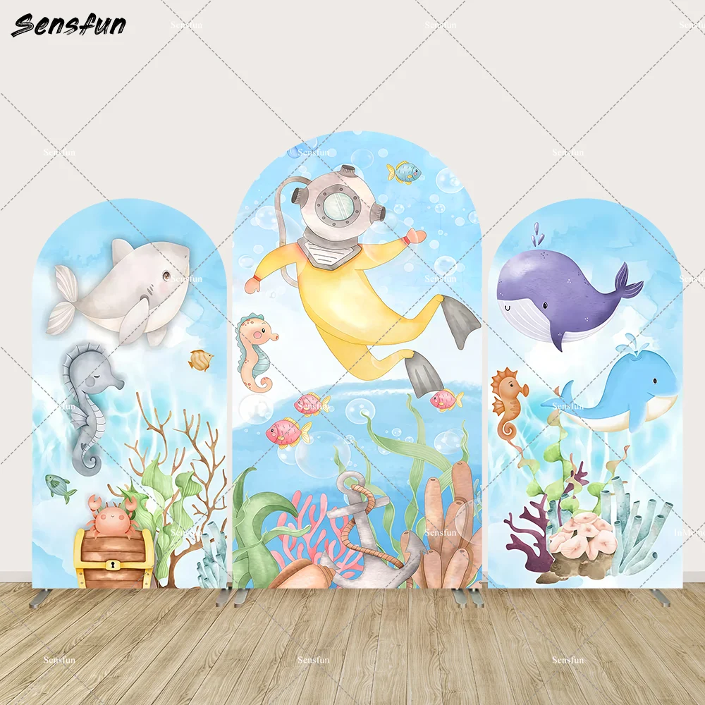 Underwater theme Shark Fish Baby Shower Arch Wall Panels Backdrop for Boy Birthday Party Banner Corals Seafish Background