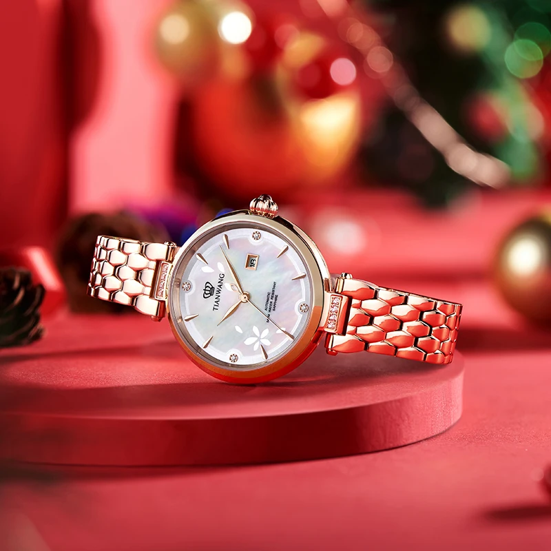 TIAN WANG Womens Watches Women Fashion Mechanical Wristwatches Ladies Watch Flowers Series Petal Dial Steel Band Lady Wristwatch