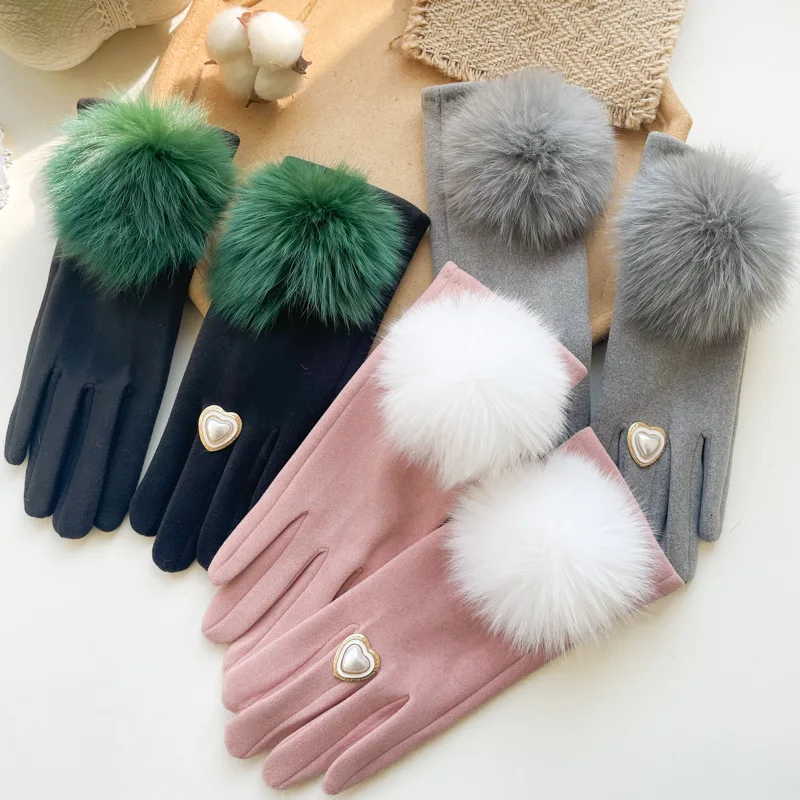 

Elegant Golves for Women Autumn Winter Plush Lining Cute Fur Pompom Bicolor Winter Gloves Touch Screen