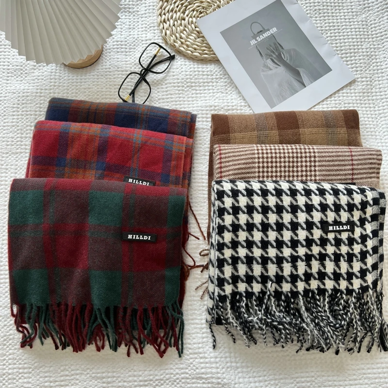 Houndstooth Checked Scarf Imitate Cashmere Shawl Lady Winter Wrap Tassel Scarves Warm Knitted Scarves For Women