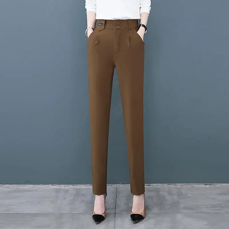 Office Lady Fashion High Waist Suits Pants Spring Autumn Korean Women Clothing Pockets Coffee Pencil Casual Straight Trousers