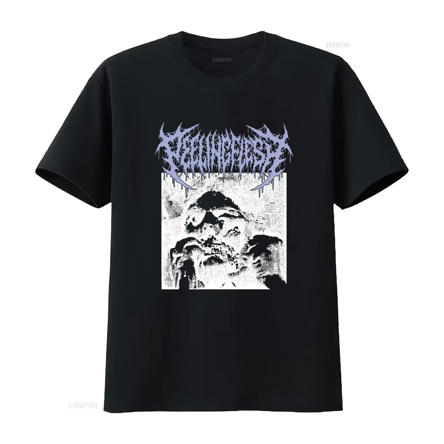 PeelingFlesh For Family Schwarzes T-Shirt aus Baumwolle, alle Größen, Gothic-Horror-Print, Vintage-Waschung, Designer-Kleidung, weiche Streetwear